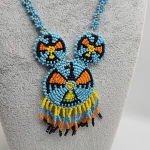 Native Handmade Beaded Bird Necklace Folk Art Seed Bead Boho Fringed Blue